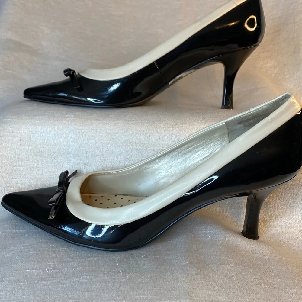 Anne Klein Black and White Patent Leather Pointed Toe Heels